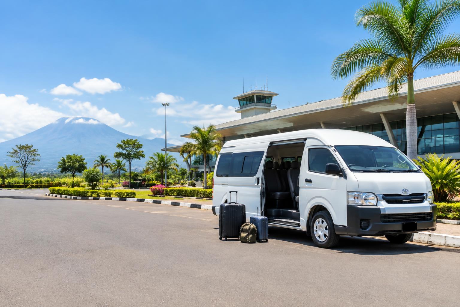 Illustration of an airport-transfer van at a Tanzania terminal