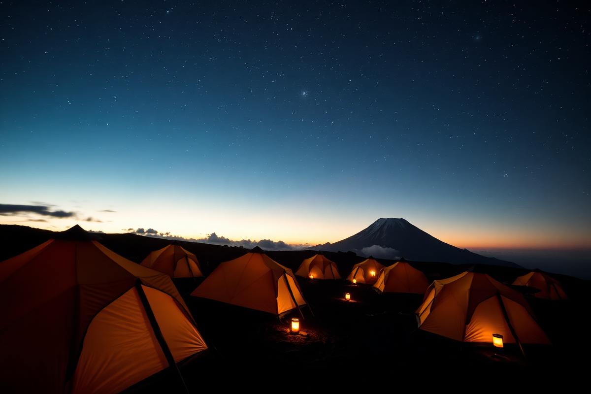 Kilimanjaro high camp with lit expedition tents under a star-filled sky