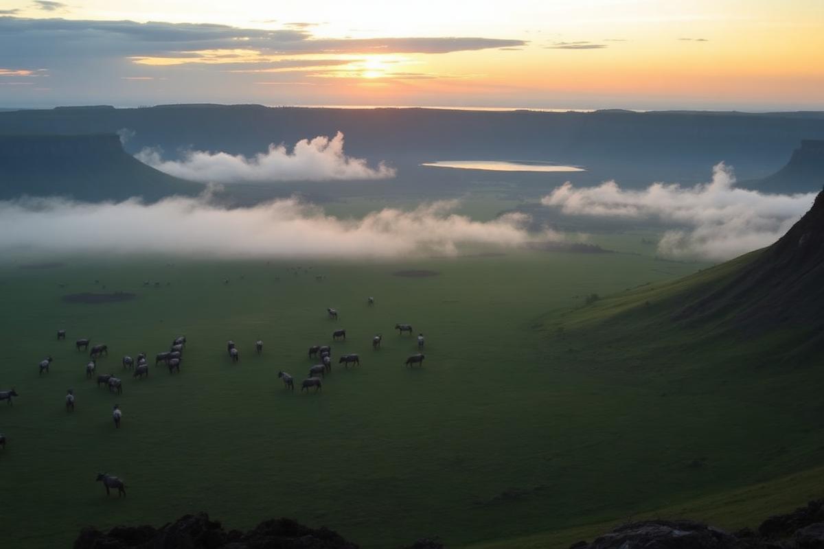 Ngorongoro Crater floor at sunrise with mist and herds of zebra and buffalo