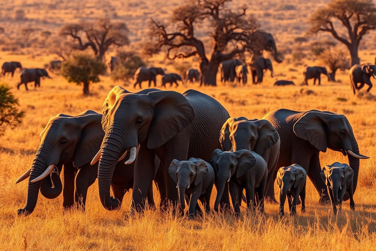 Elephant herd with calves crossing golden grassland in Tarangire National Park