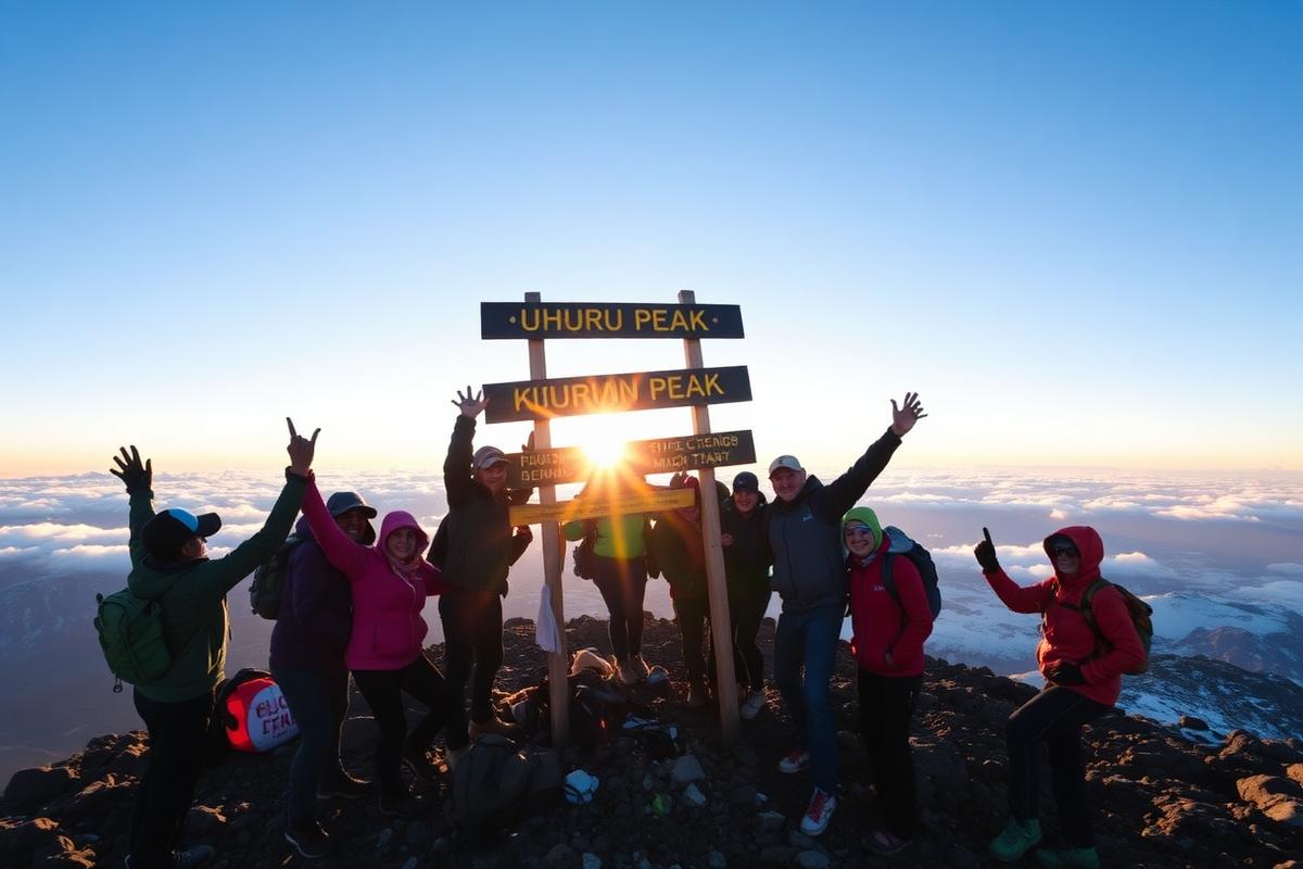 Trekkers celebrating at the Uhuru Peak summit sign on Mount Kilimanjaro at sunrise