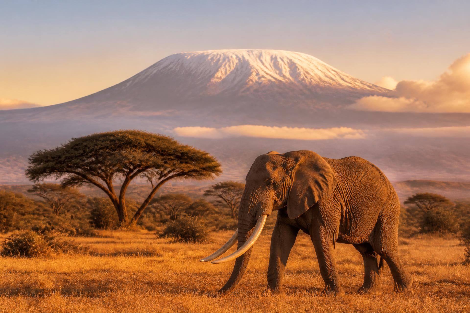 African elephant on the Amboseli plains with snow-capped Mount Kilimanjaro behind at sunrise