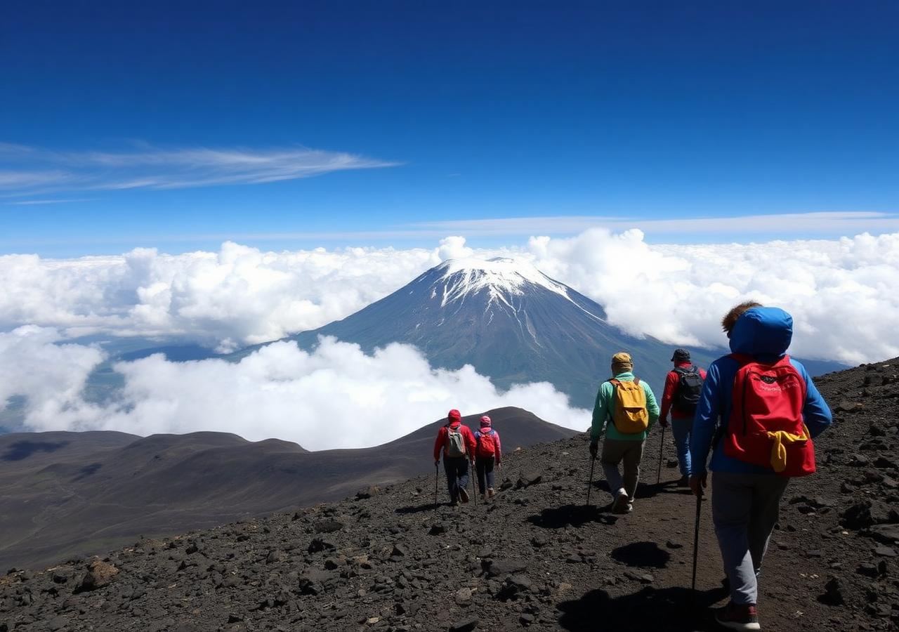 Trekkers walking a high alpine ridge on Mount Kilimanjaro above the clouds