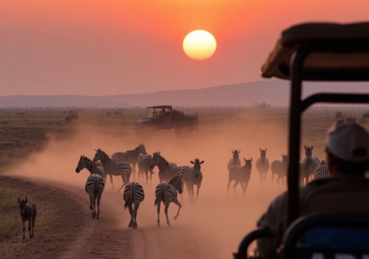 Safari vehicle watching zebra and wildebeest on the Serengeti plains at sunset