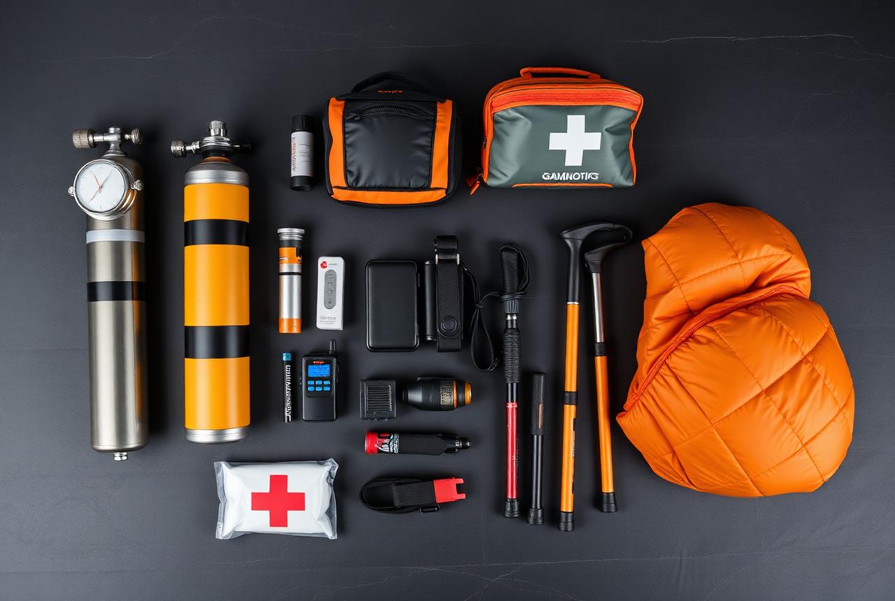 Kilimanjaro safety equipment laid out: oxygen cylinder, pulse oximeter, altitude bag, first aid kit and radio